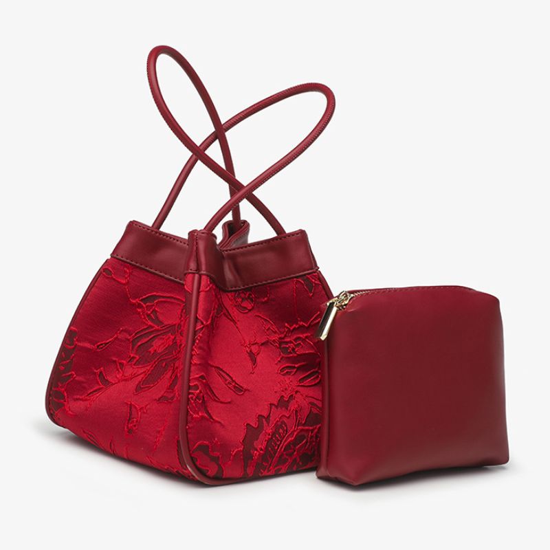 Bridal Red Embroidered Bucket Bag with Vegetable Basket Design