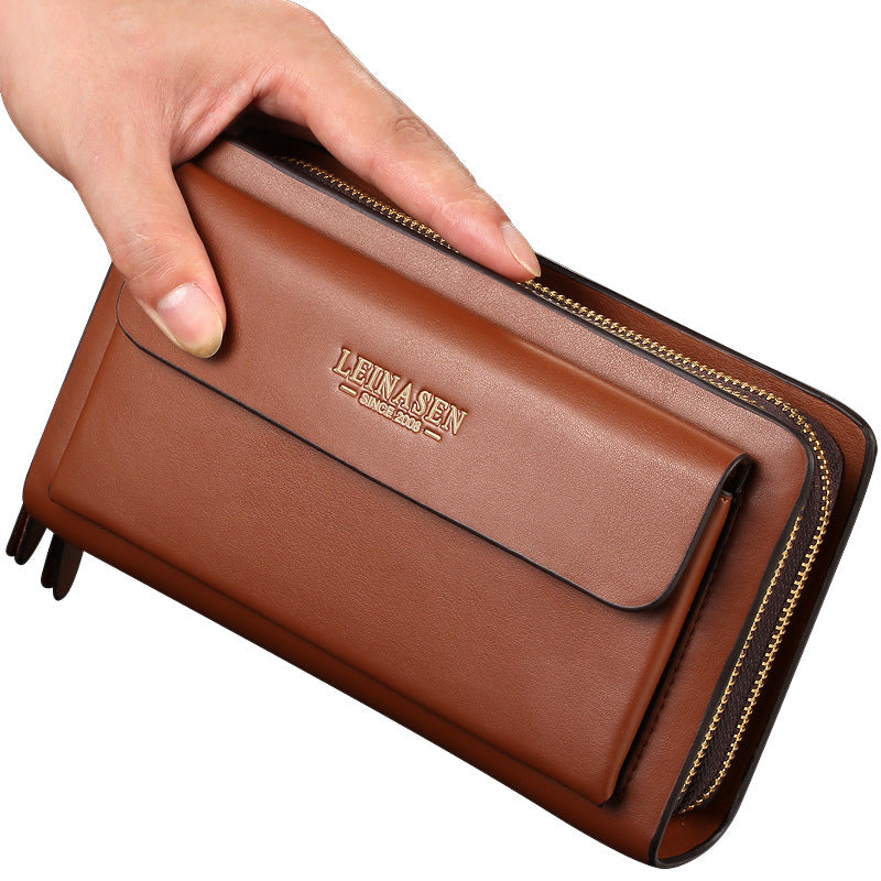 Men's Soft Leather Long Zipper Business Wallet