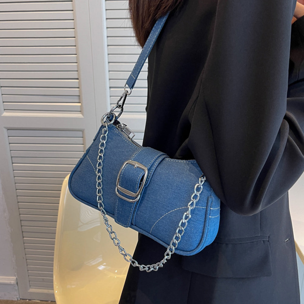 European Denim Chain Shoulder Baguette Bag