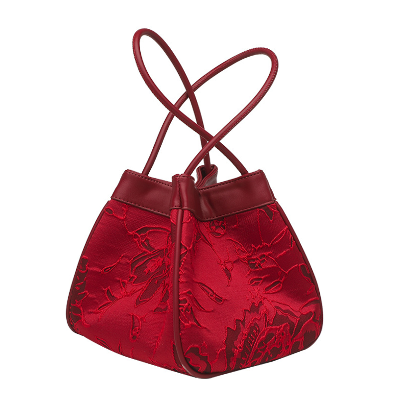 Bridal Red Embroidered Bucket Bag with Vegetable Basket Design