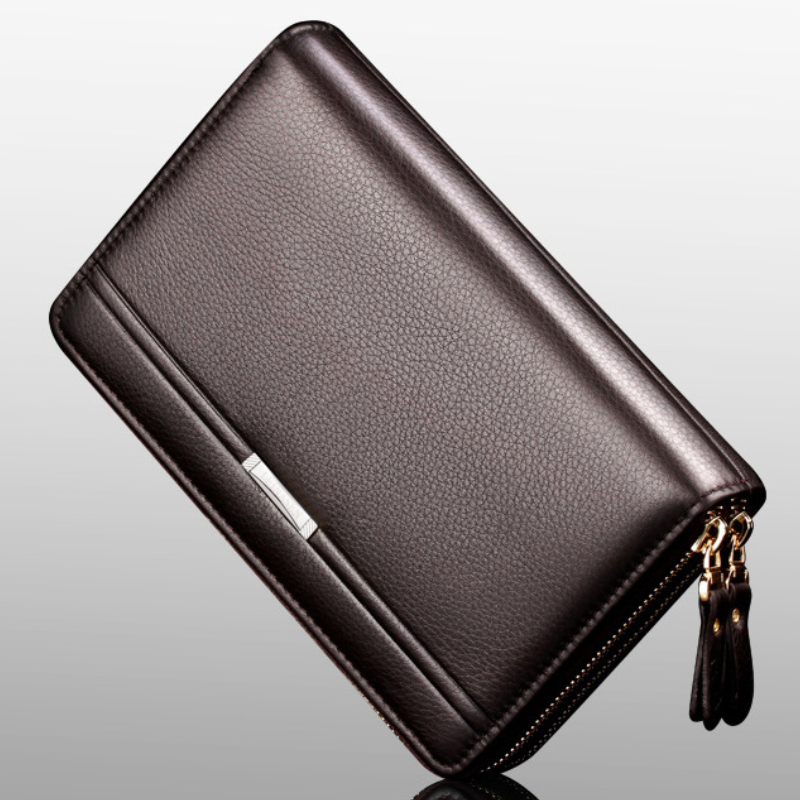 Men's Double Zipper PU Leather Business Clutch Wallet