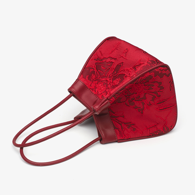 Bridal Red Embroidered Bucket Bag with Vegetable Basket Design