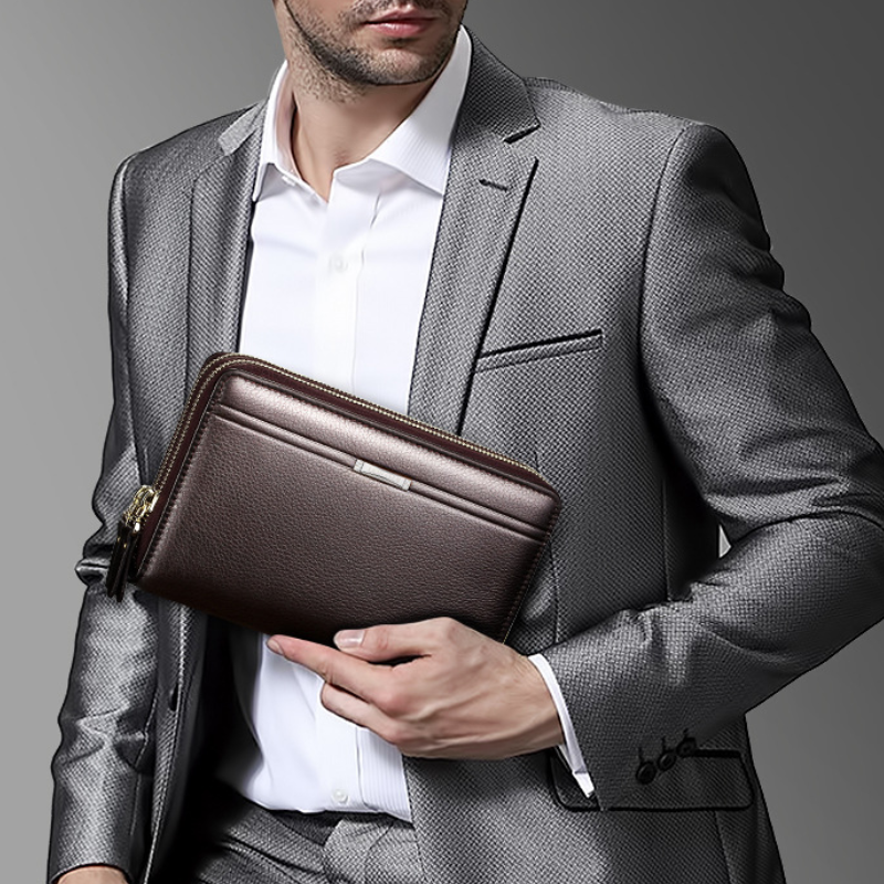 Men's Double Zipper PU Leather Business Clutch Wallet