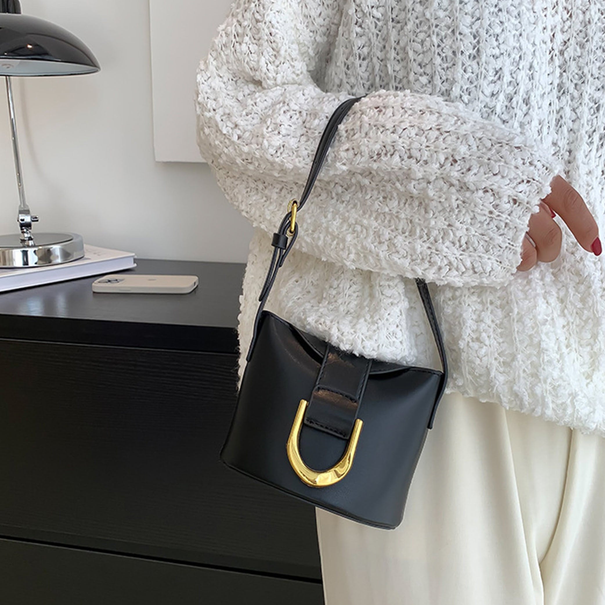 Mini Bucket Bag with Metal Horseshoe Buckle