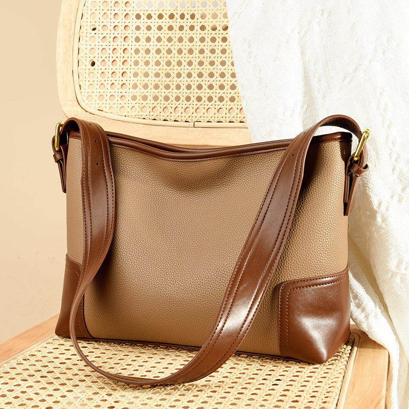 Retro Contrast PU Leather Commuter Shoulder Tote Bag