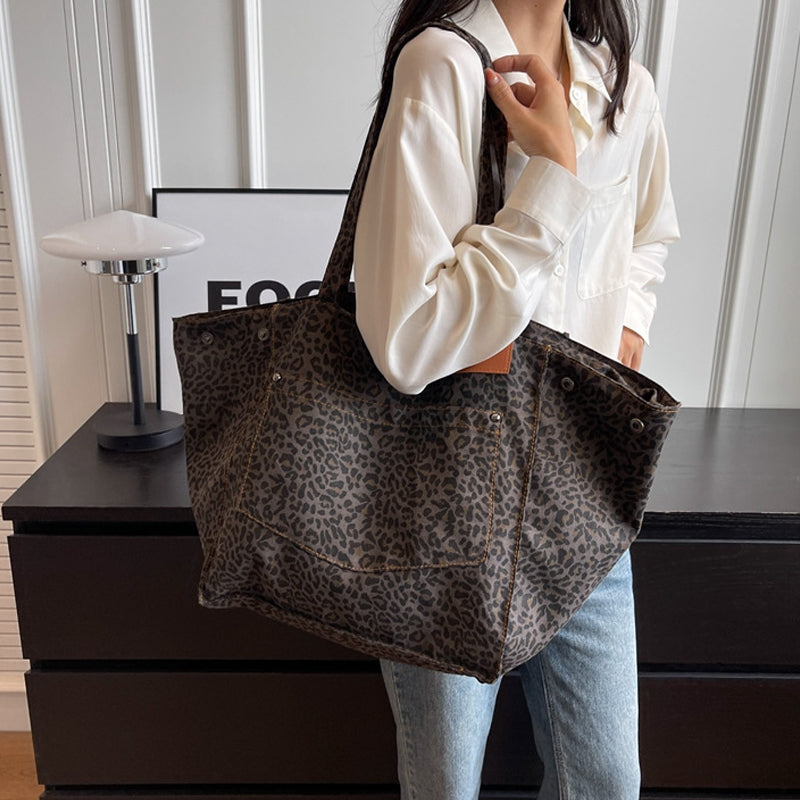 Retro Leopard Print Canvas Large Casual Tote Bag