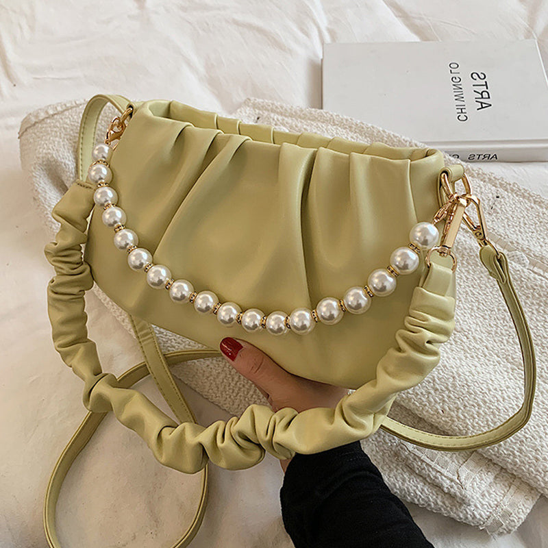 Wrinkled Cloud Bag with Pearl Chain Shoulder Strap