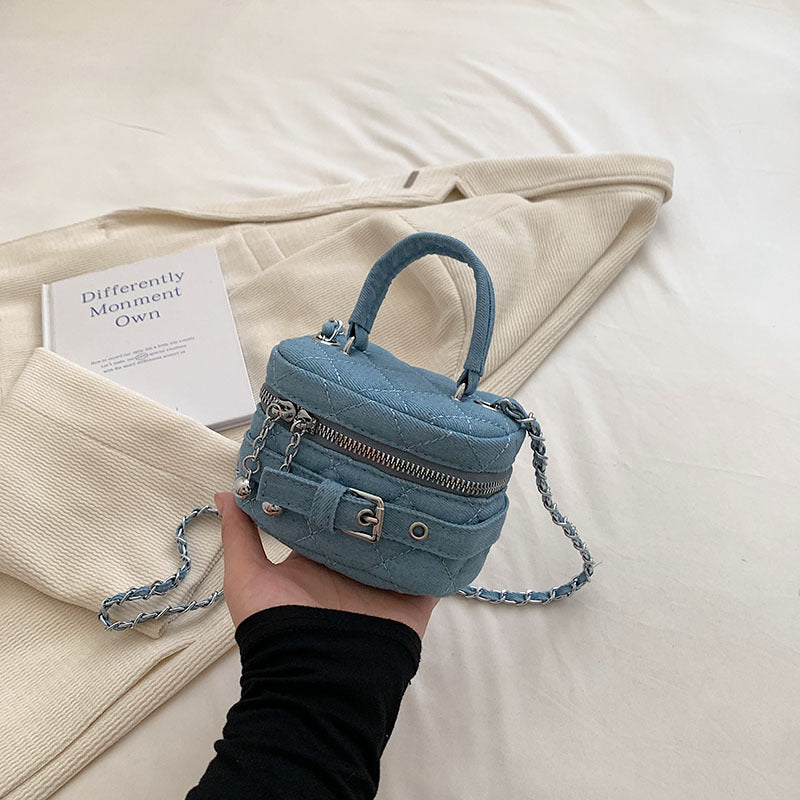 Diamond Chain Denim Textured Mini Box Messenger Bag