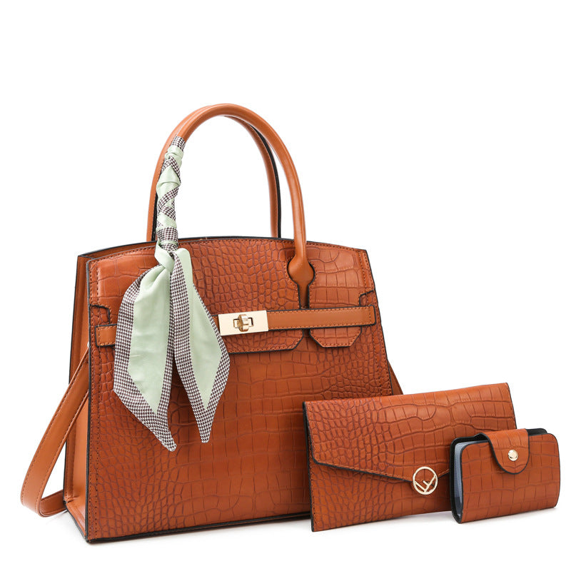 Three-Piece Crocodile Mother and Child Bag Set with Scarf