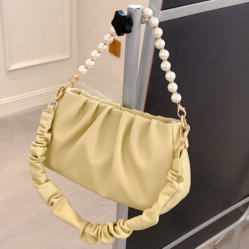 Wrinkled Cloud Bag with Pearl Chain Shoulder Strap