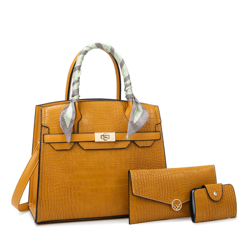 Three-Piece Crocodile Mother and Child Bag Set with Scarf