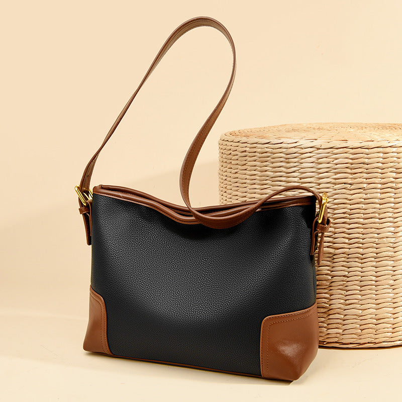 Retro Contrast PU Leather Commuter Shoulder Tote Bag