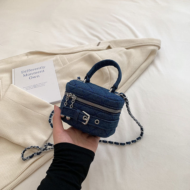 Diamond Chain Denim Textured Mini Box Messenger Bag