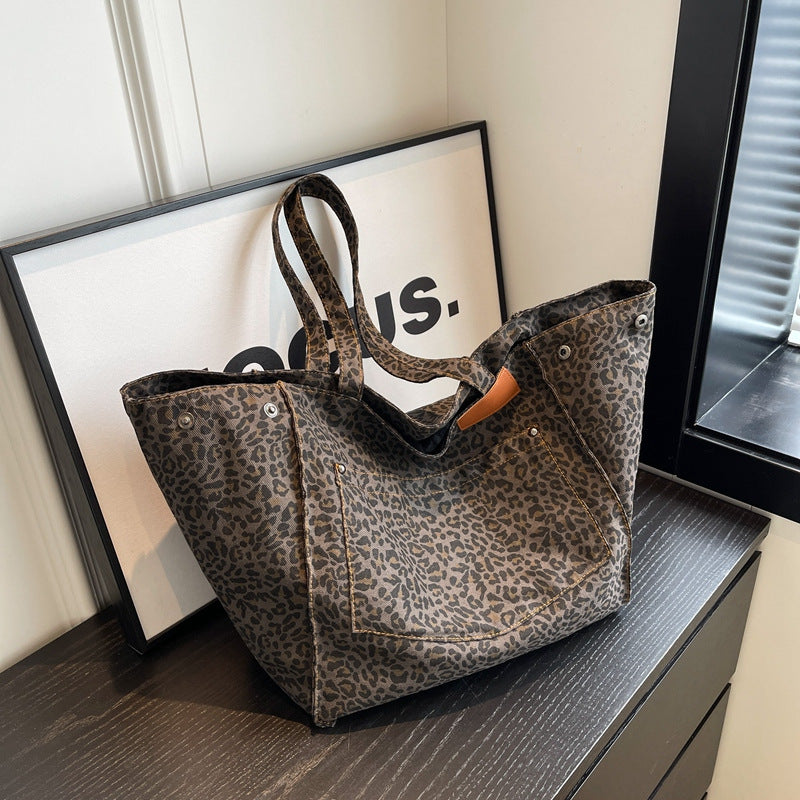 Retro Leopard Print Canvas Large Casual Tote Bag