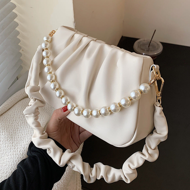 Wrinkled Cloud Bag with Pearl Chain Shoulder Strap