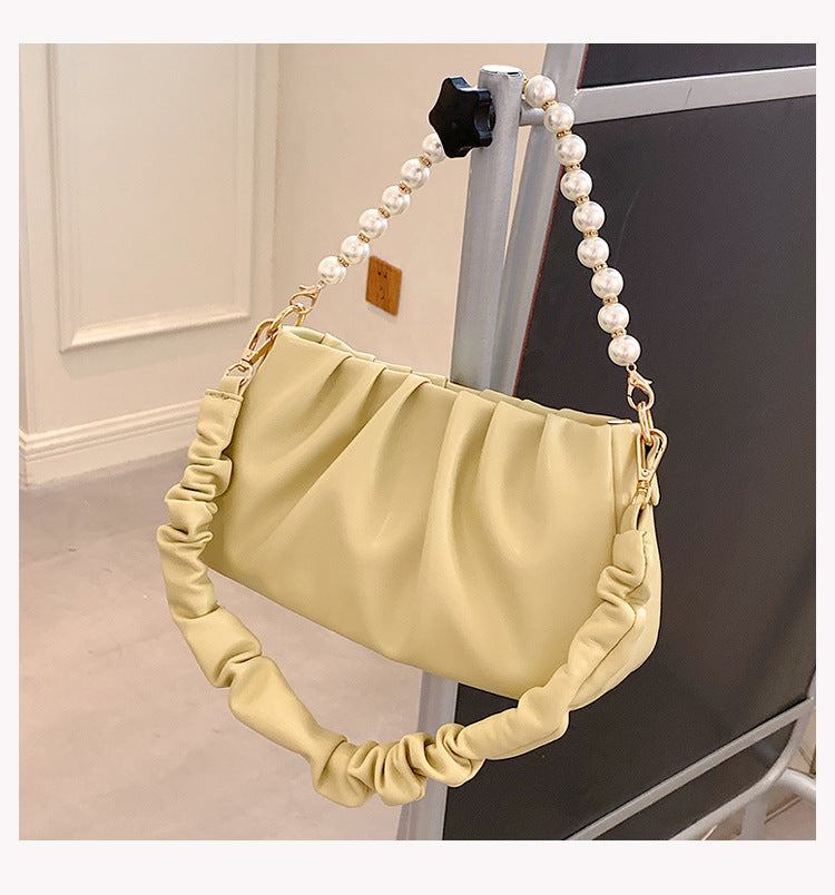Wrinkled Cloud Bag with Pearl Chain Shoulder Strap
