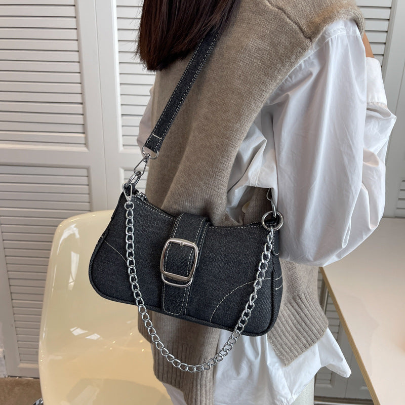 European Denim Chain Shoulder Baguette Bag
