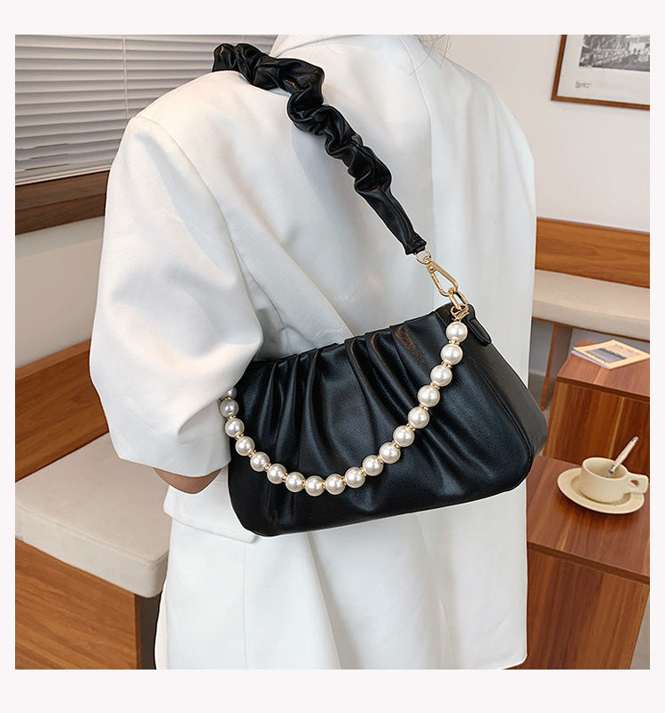Wrinkled Cloud Bag with Pearl Chain Shoulder Strap