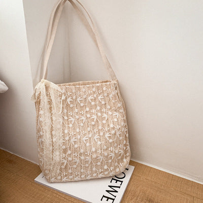 Fairy Lace Straw Woven Bucket Shoulder Bag