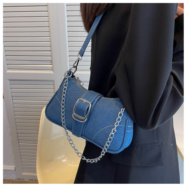 European Denim Chain Shoulder Baguette Bag