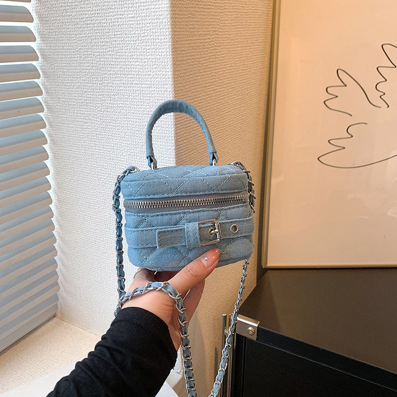 Diamond Chain Denim Textured Mini Box Messenger Bag