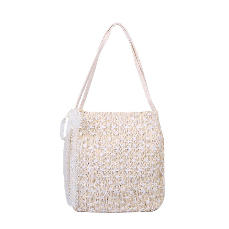 Fairy Lace Straw Woven Bucket Shoulder Bag