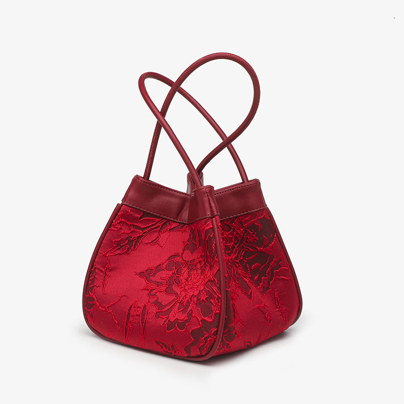 Bridal Red Embroidered Bucket Bag with Vegetable Basket Design