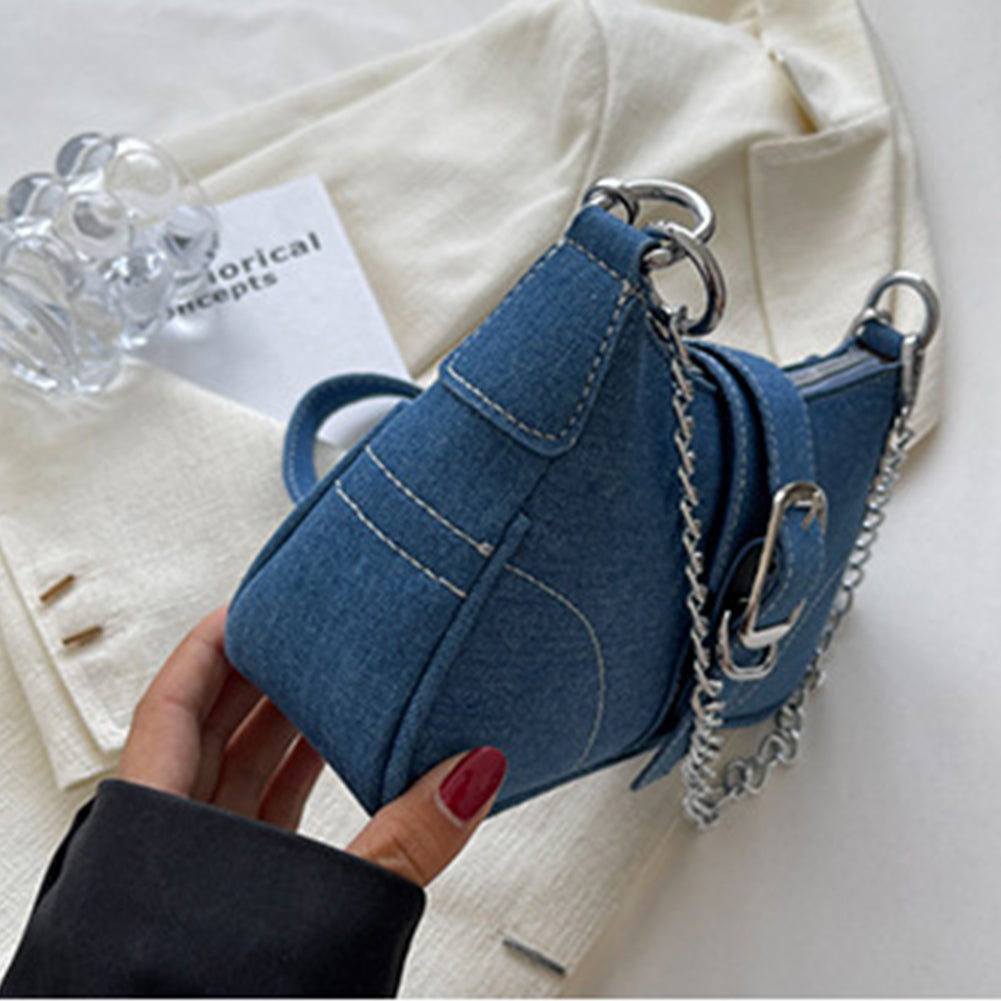 European Denim Chain Shoulder Baguette Bag