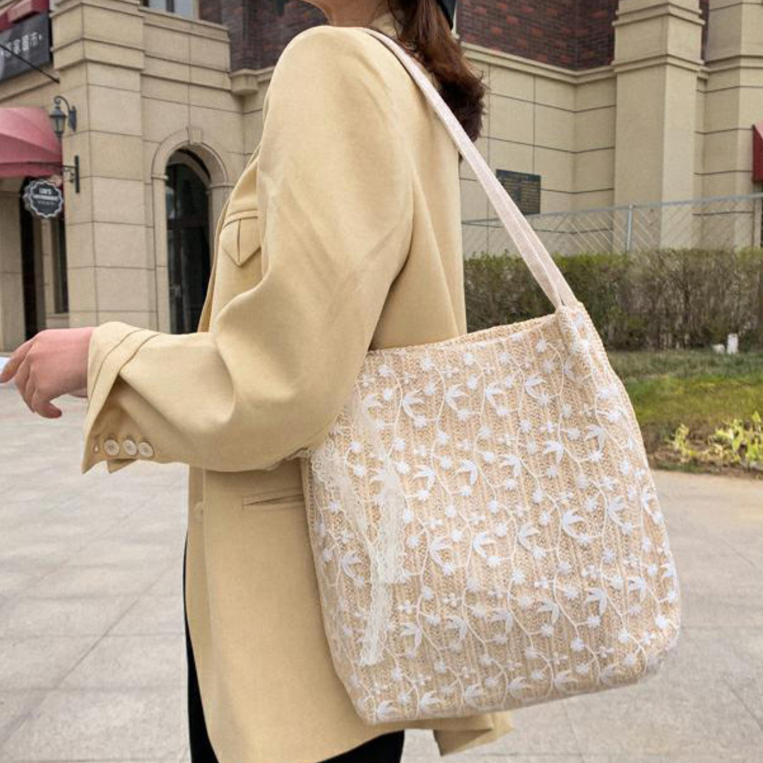 Fairy Lace Straw Woven Bucket Shoulder Bag