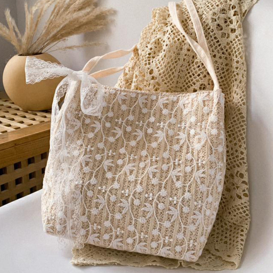 Fairy Lace Straw Woven Bucket Shoulder Bag
