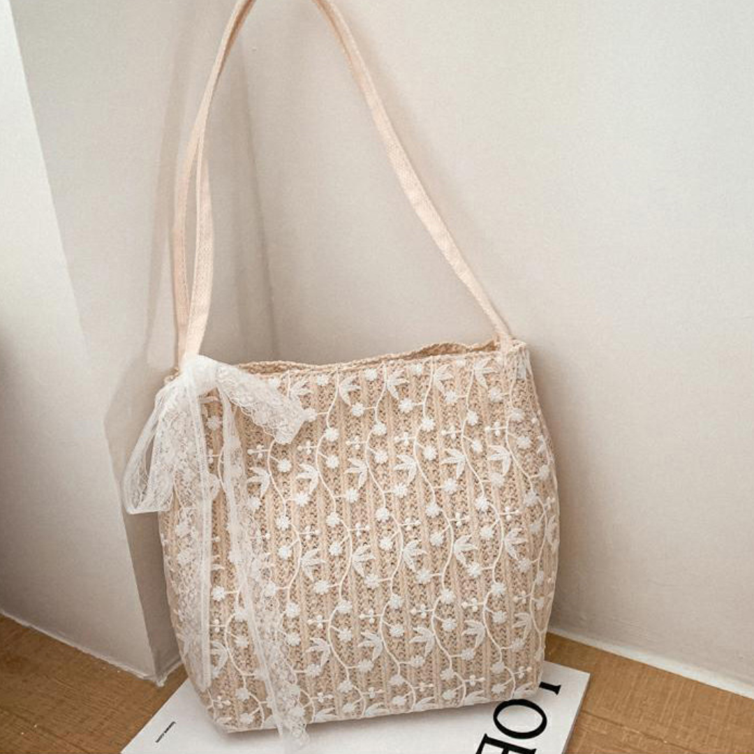 Fairy Lace Straw Woven Bucket Shoulder Bag