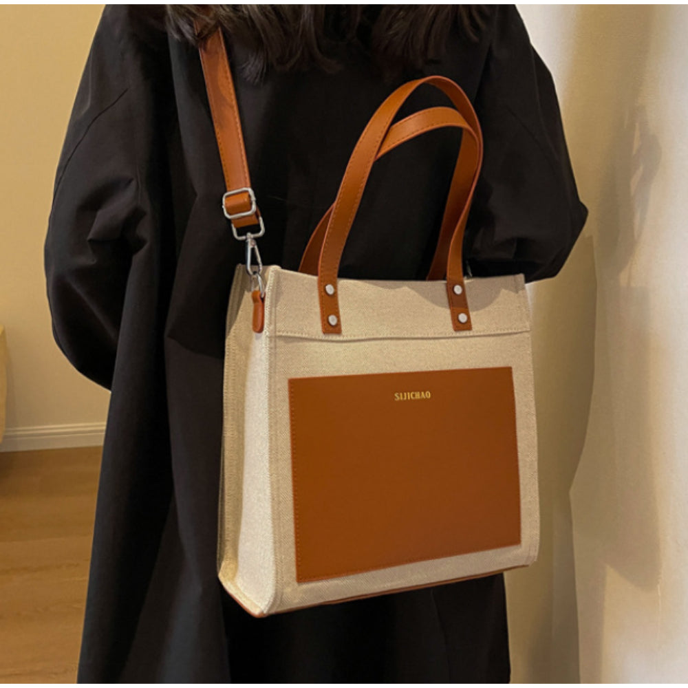 Large Contrast Color Denim Vertical Retro Tote