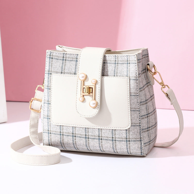 Fashionable Plaid Bucket PU Leather Shoulder Bag