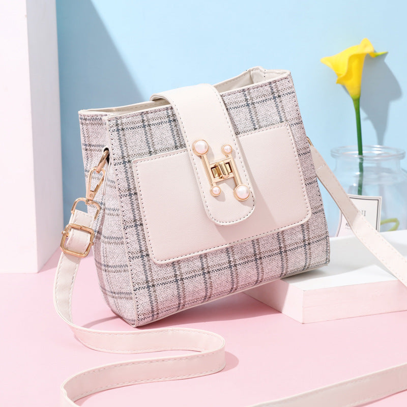 Fashionable Plaid Bucket PU Leather Shoulder Bag