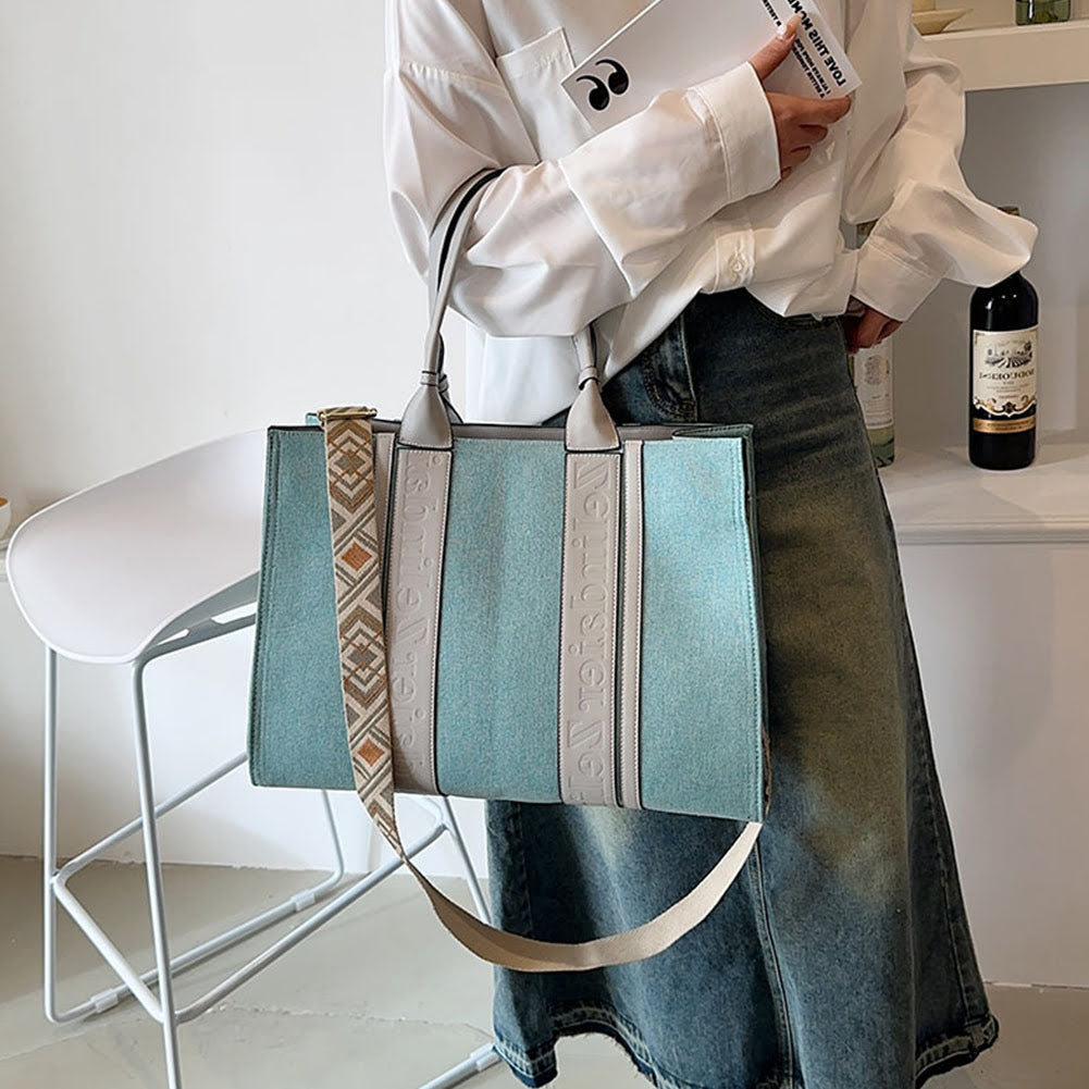 Trendy Canvas Contrast Large Capacity Commuter Tote