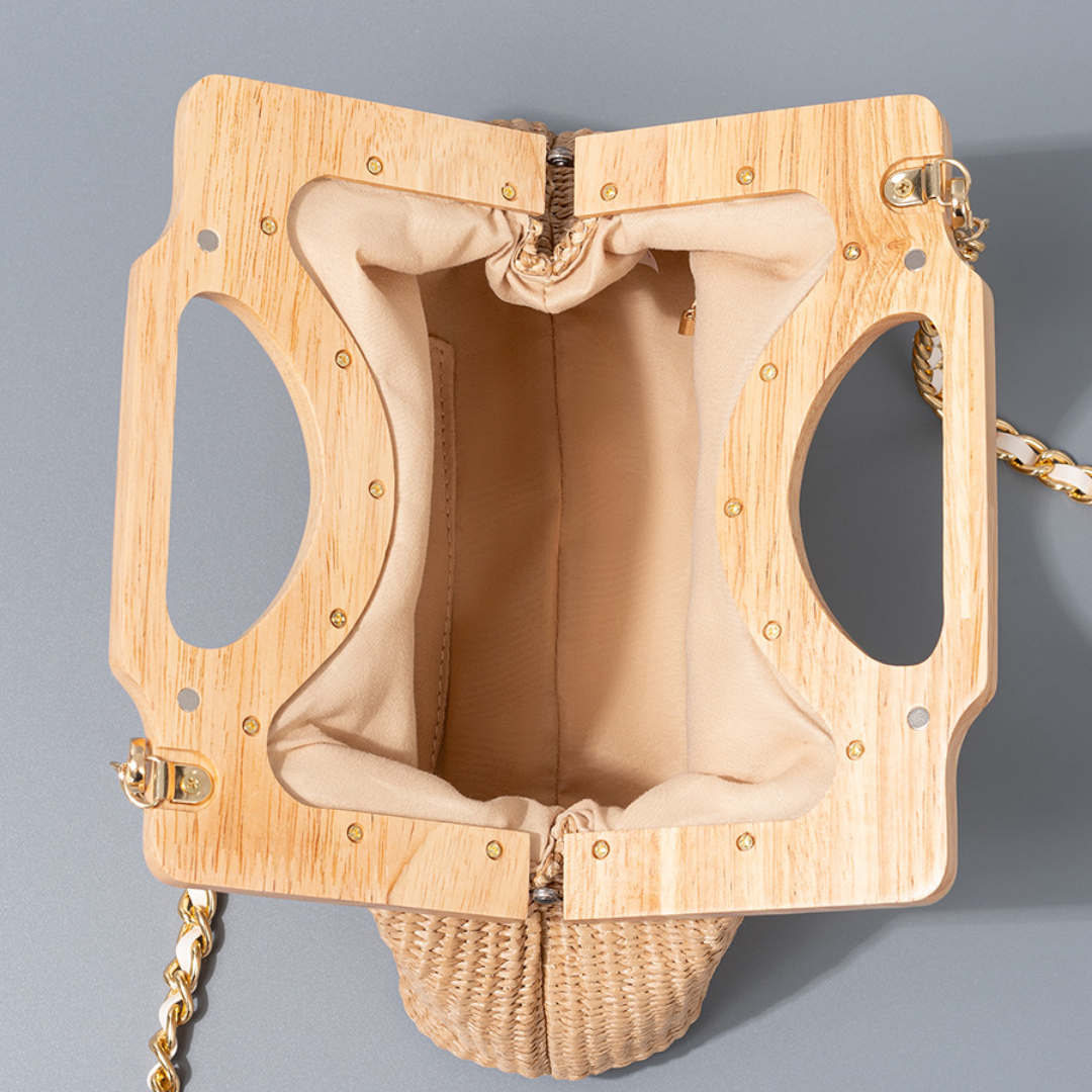 Seaside Holiday Straw and Wood Woven Shoulder Bag