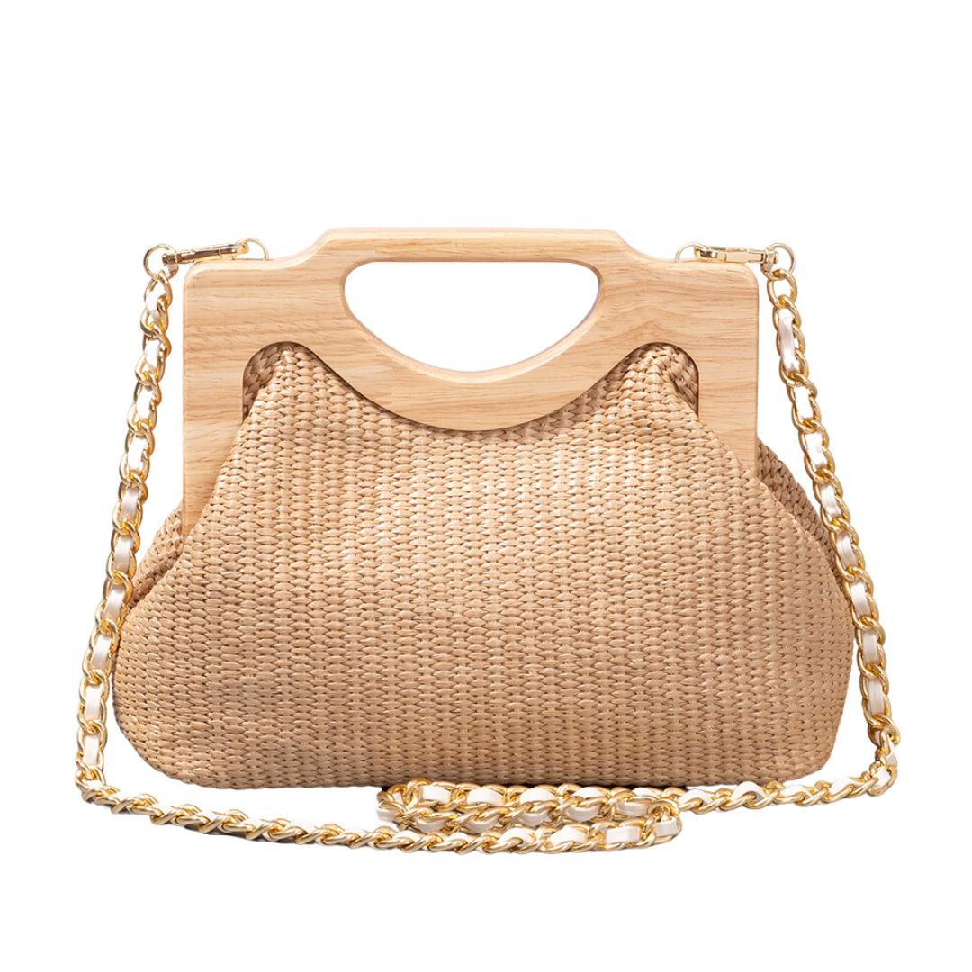 Seaside Holiday Straw and Wood Woven Shoulder Bag