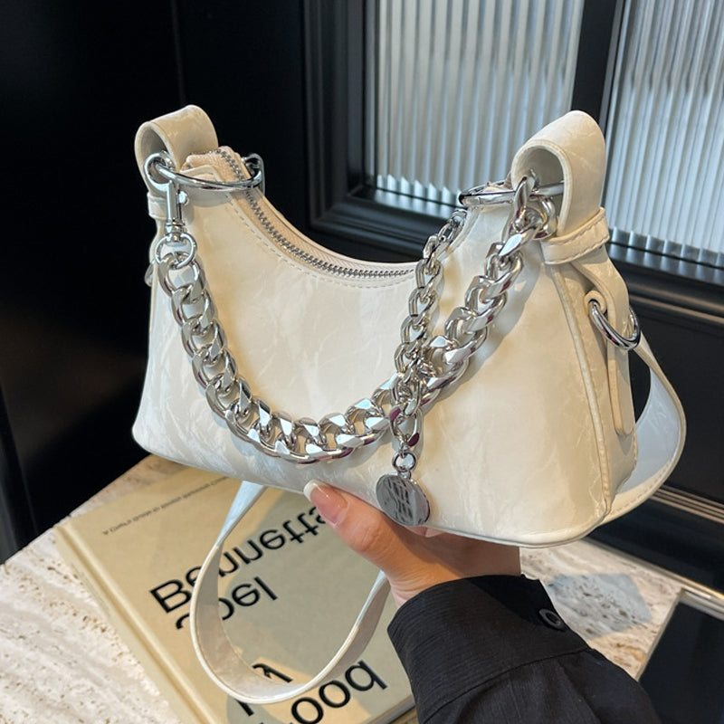 French Textured  Underarm Bag with Chain Strap