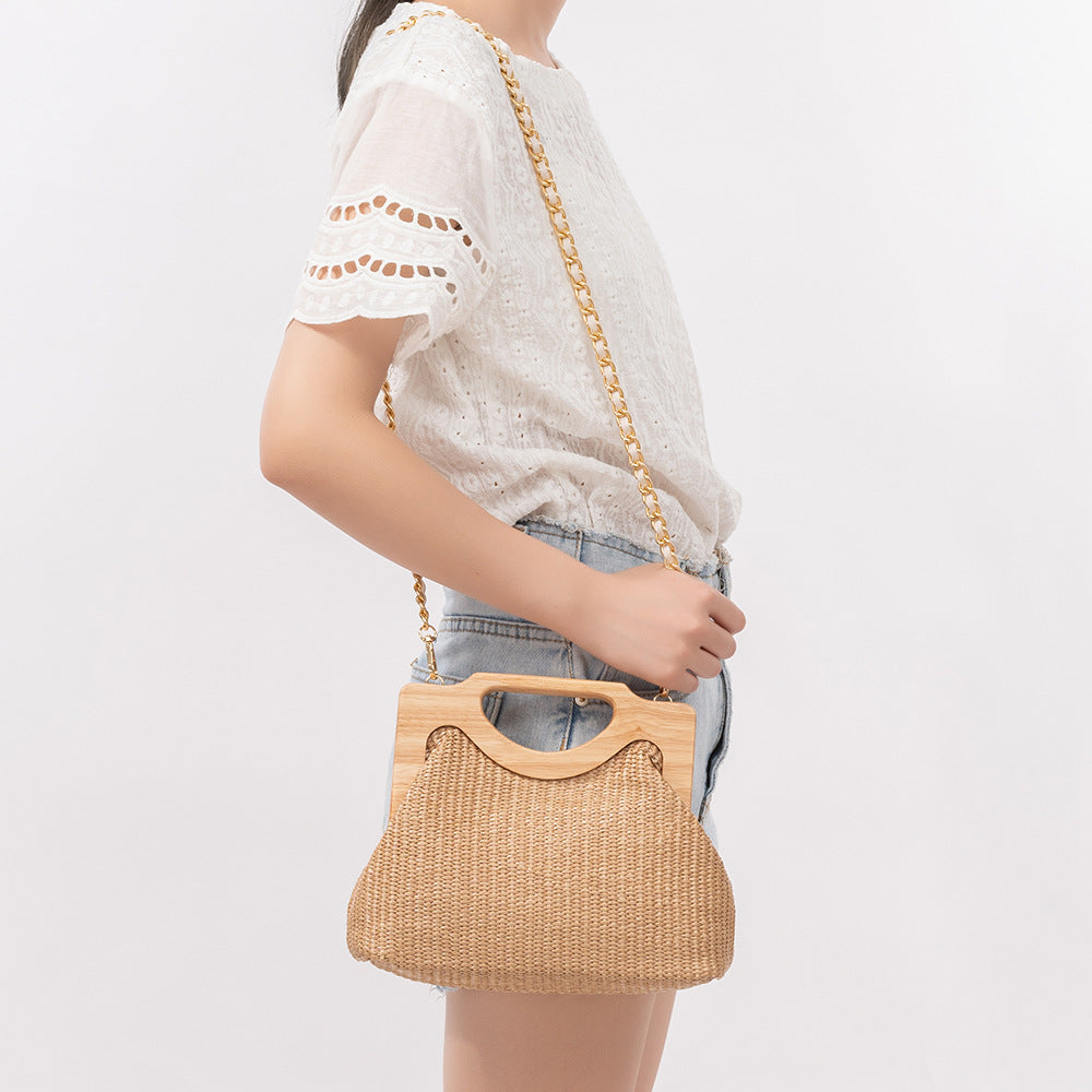 Seaside Holiday Straw and Wood Woven Shoulder Bag