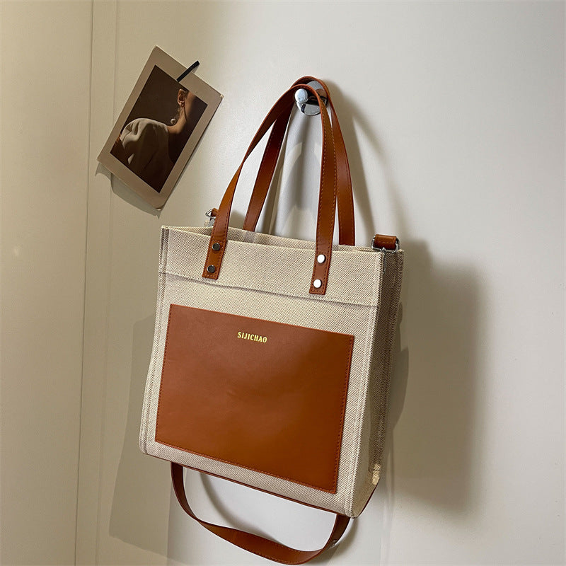 Large Contrast Color Denim Vertical Retro Tote