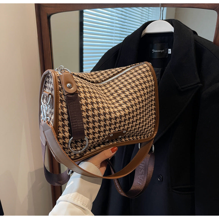 Houndstooth Woolen Wide Strap Pillow Shoulder Bag