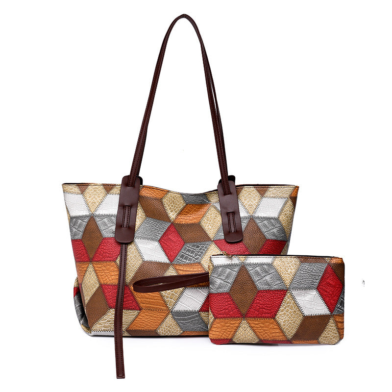 Diamond Spliced PU Leather Mother-Daughter Commuter Tote Bag