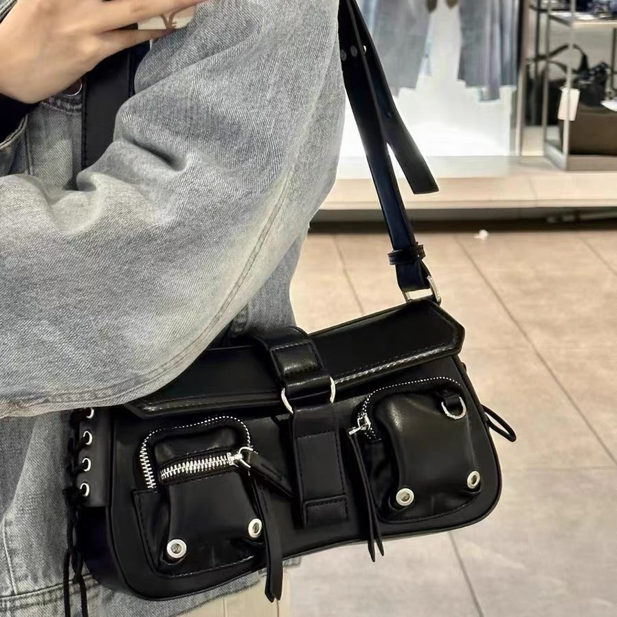 Hot Girl Textured  Motorcycle Baguette Shoulder Bag