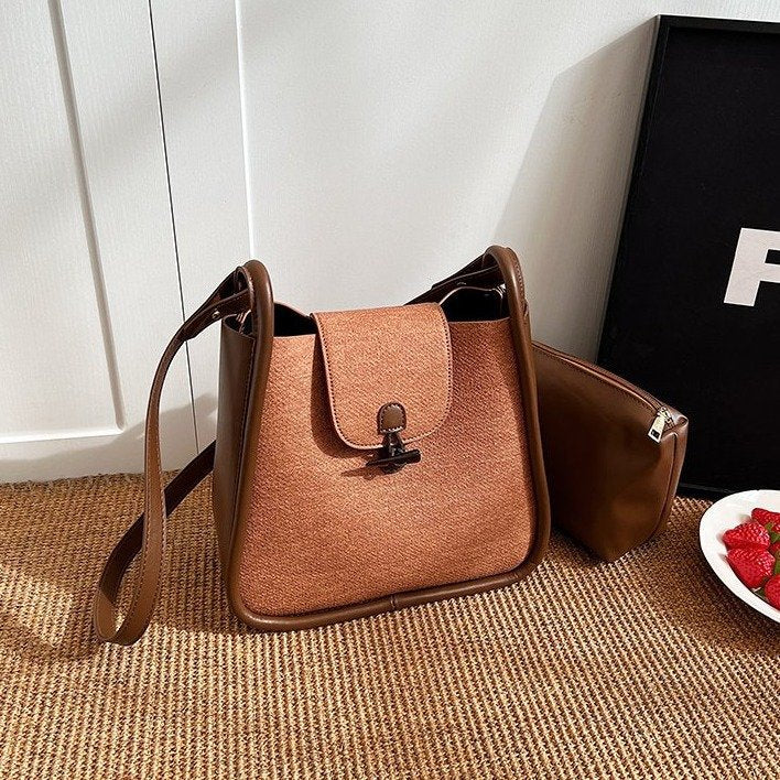French Contrast Stitch  Bucket Shoulder Messenger Bag