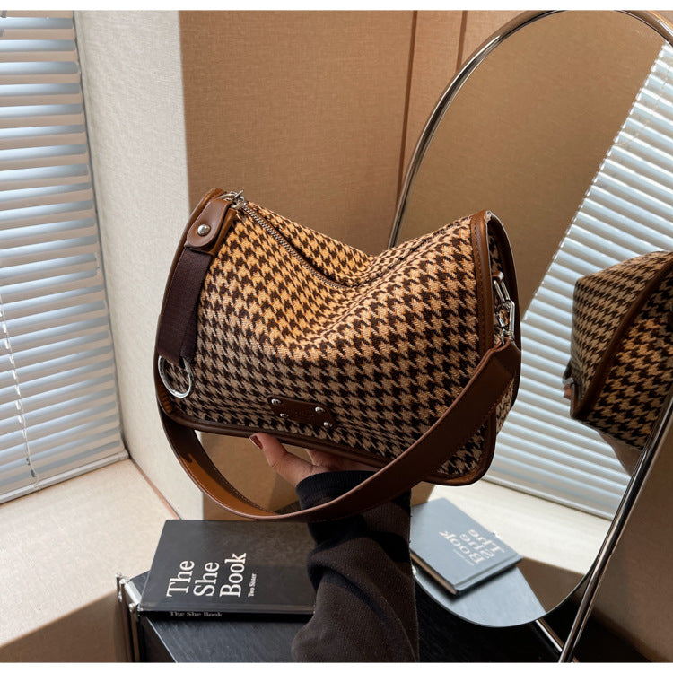 Houndstooth Woolen Wide Strap Pillow Shoulder Bag