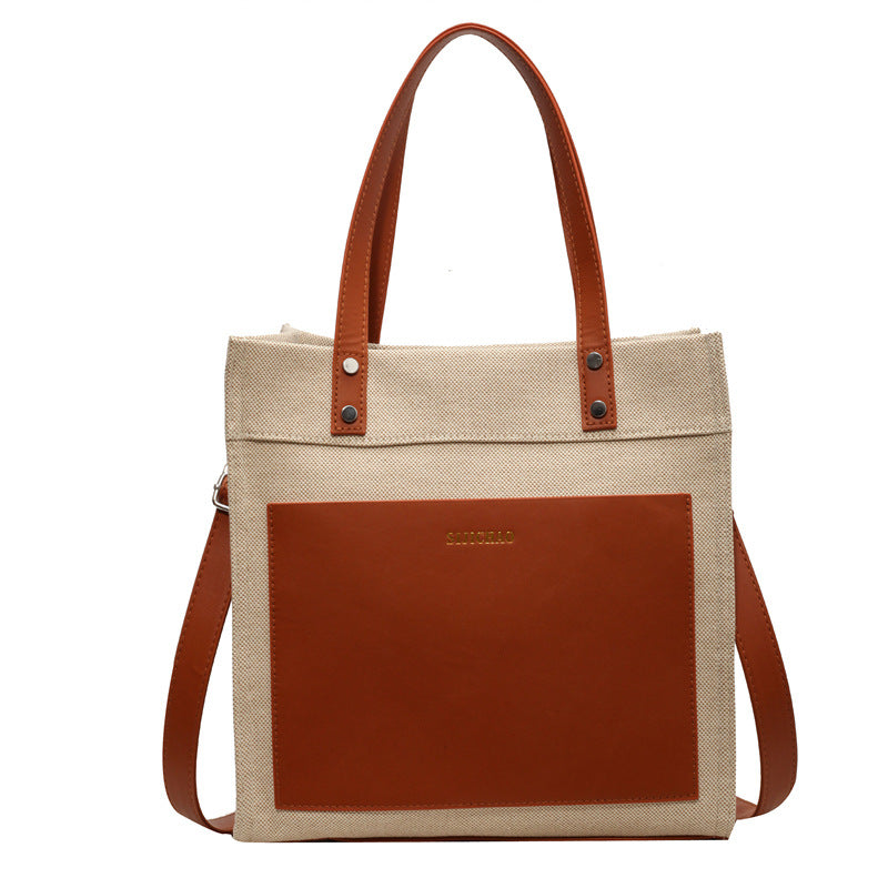 Large Contrast Color Denim Vertical Retro Tote