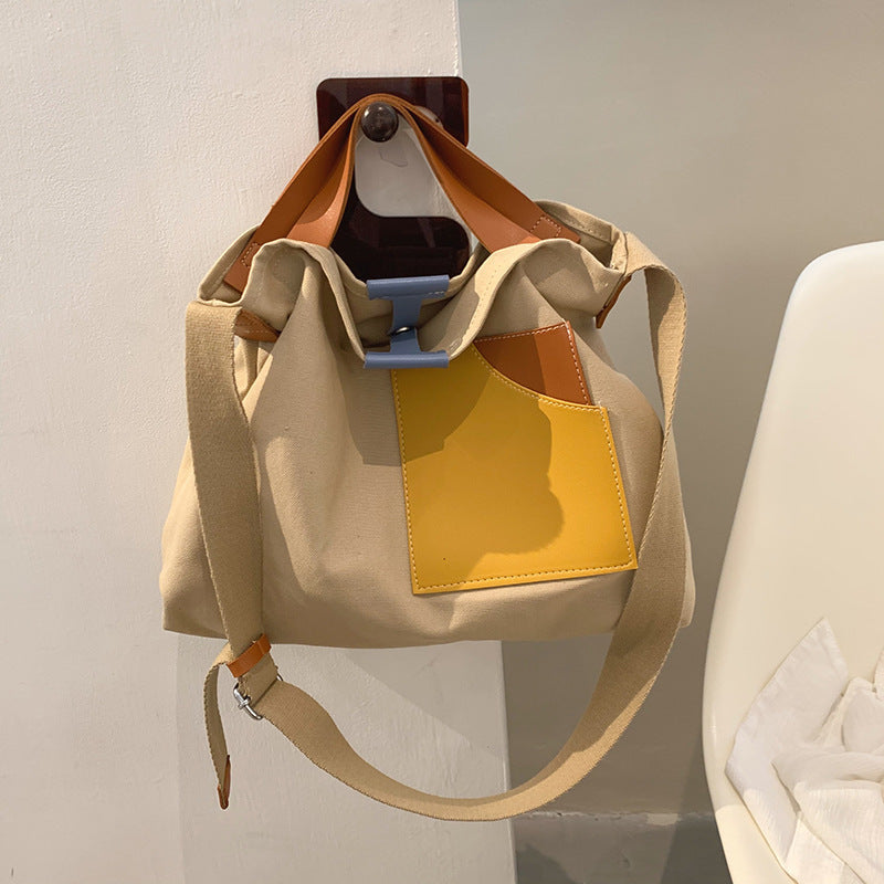 Contrast Color Canvas Bucket Tote Bag