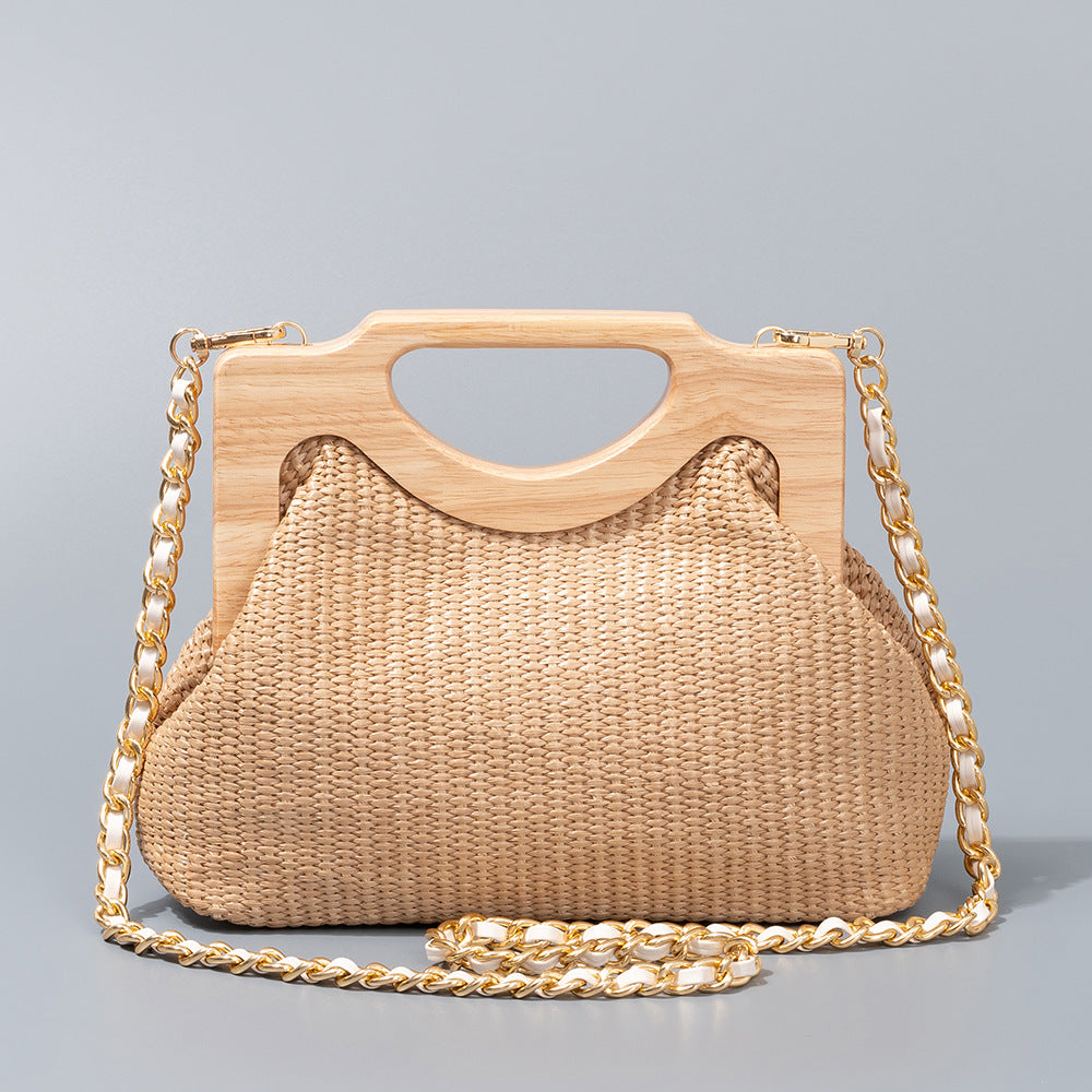 Seaside Holiday Straw and Wood Woven Shoulder Bag