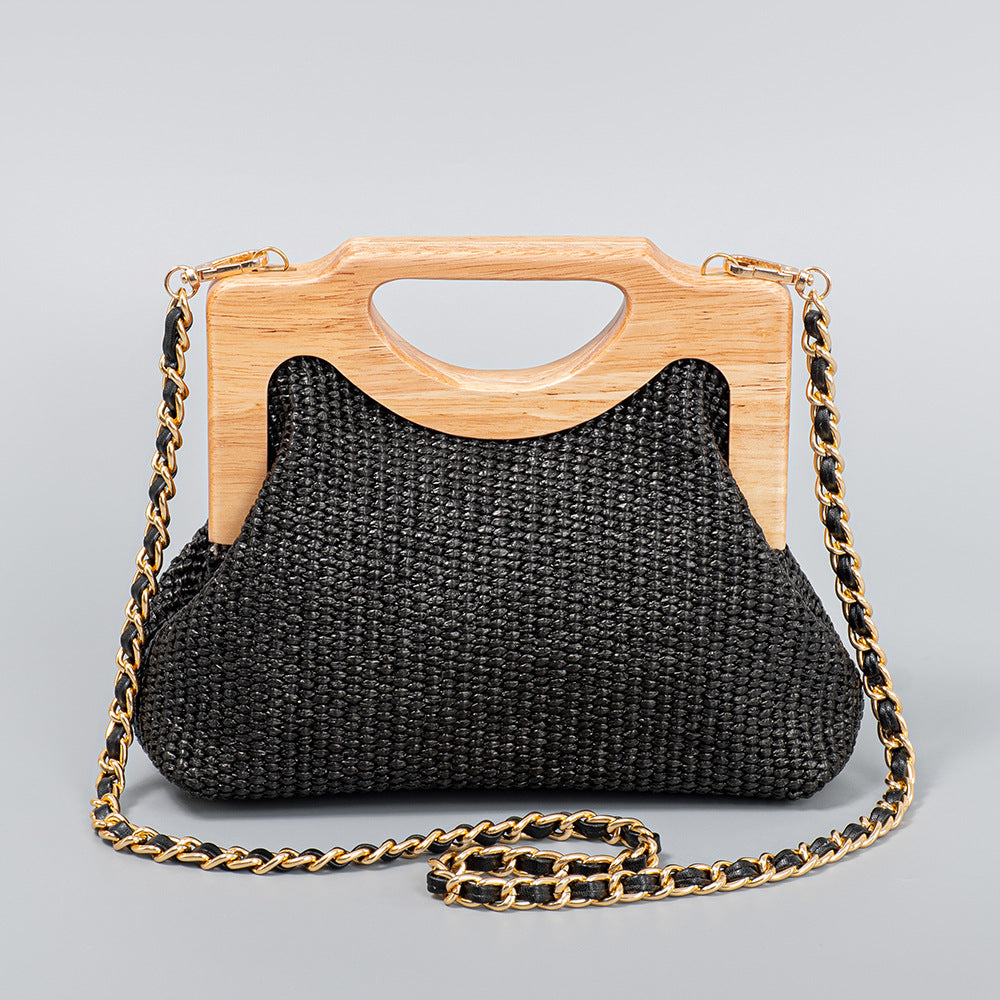 Seaside Holiday Straw and Wood Woven Shoulder Bag