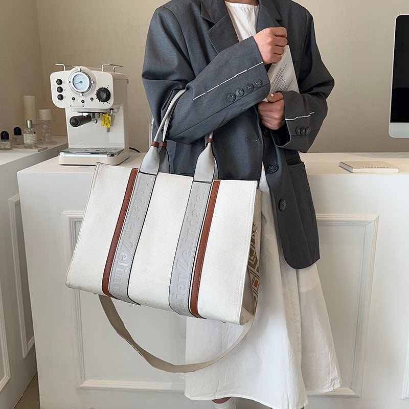 Trendy Canvas Contrast Large Capacity Commuter Tote